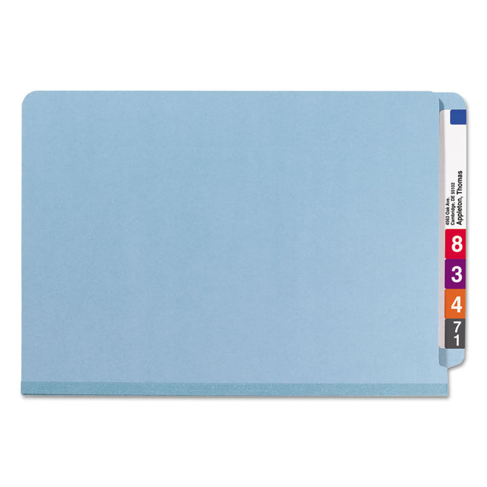 End Tab Colored Pressboard Classification Folders with SafeSHIELD Coated Fasteners, 2 Dividers, Legal Size, Blue, 10/Box
