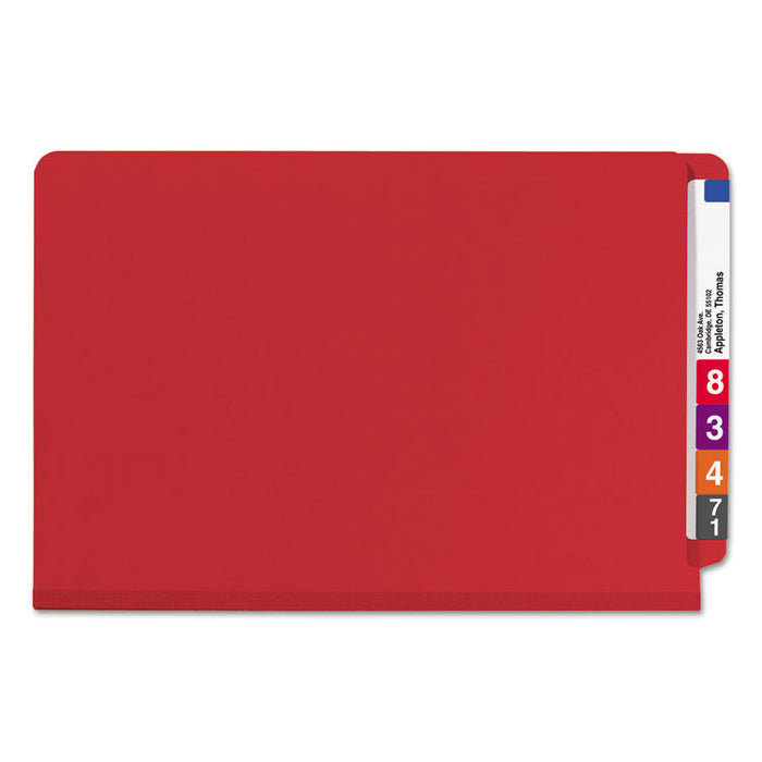 End Tab Pressboard Classification Folders with SafeSHIELD Fasteners, 2 Dividers, Legal Size, Bright Red, 10/Box
