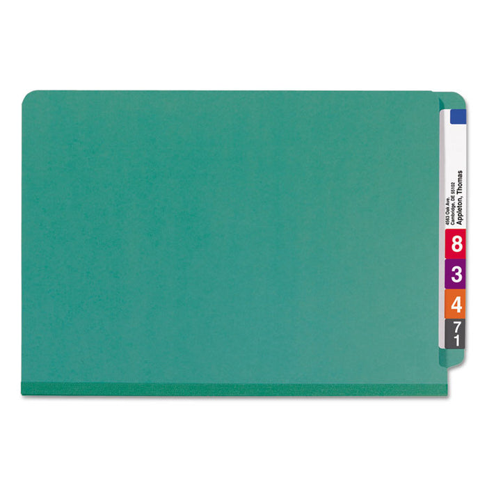 End Tab Colored Pressboard Classification Folders with SafeSHIELD Coated Fasteners, 2 Dividers, Legal Size, Green, 10/Box