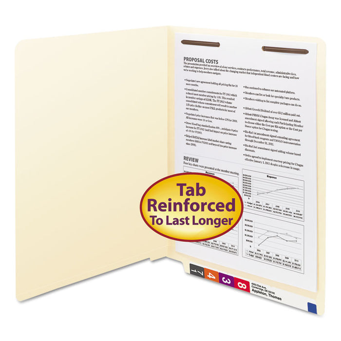 Manila End Tab Fastener Folders with Reinforced Tabs, 11-pt Stock, 1 Fastener, Letter Size, Manila Exterior, 50/Box