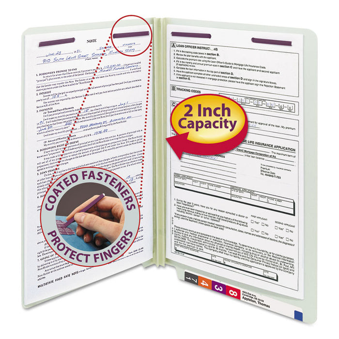 End Tab Pressboard Classification Folders with Two SafeSHIELD Coated Fasteners, 2" Expansion, Legal Size, Gray-Green, 25/Box