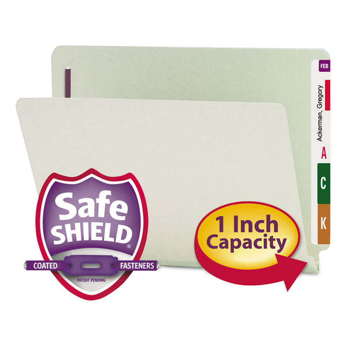 End Tab Pressboard Classification Folders with Two SafeSHIELD Coated Fasteners, 1" Expansion, Letter Size, Gray-Green, 25/Box