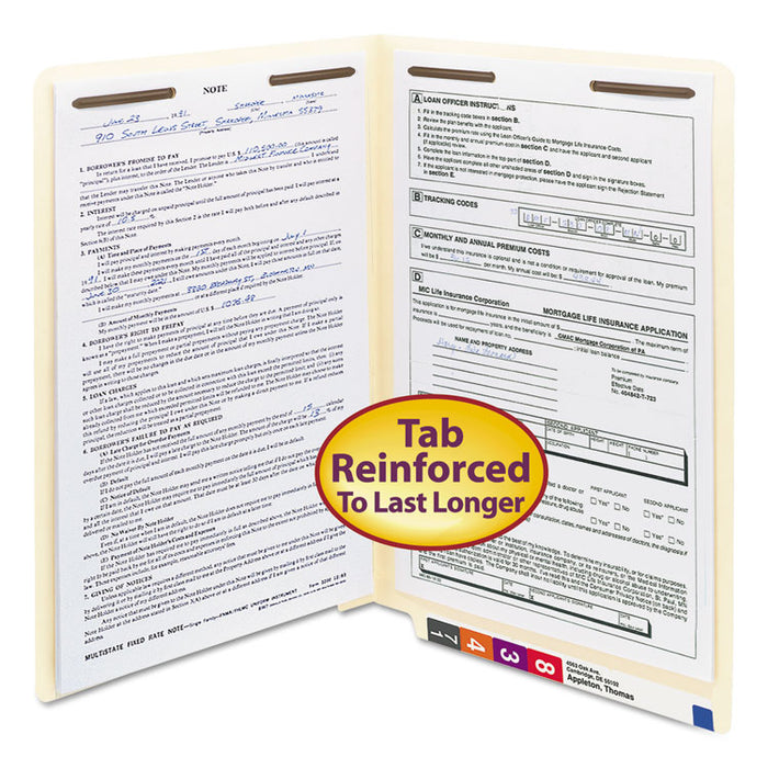 Manila End Tab Fastener Folders with Reinforced Tabs, 11-pt Stock, 2 Fasteners, Legal Size, Manila Exterior, 50/Box