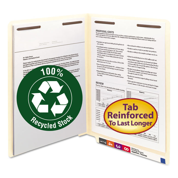 100% Recycled Manila End Tab Folders with Two Fasteners, Straight Tab, Letter Size, 50/Box