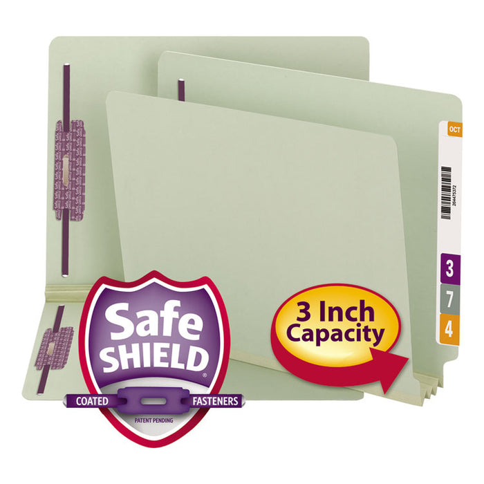 End Tab Pressboard Classification Folders with Two SafeSHIELD Coated Fasteners, 3" Expansion, Letter Size, Gray-Green, 25/Box