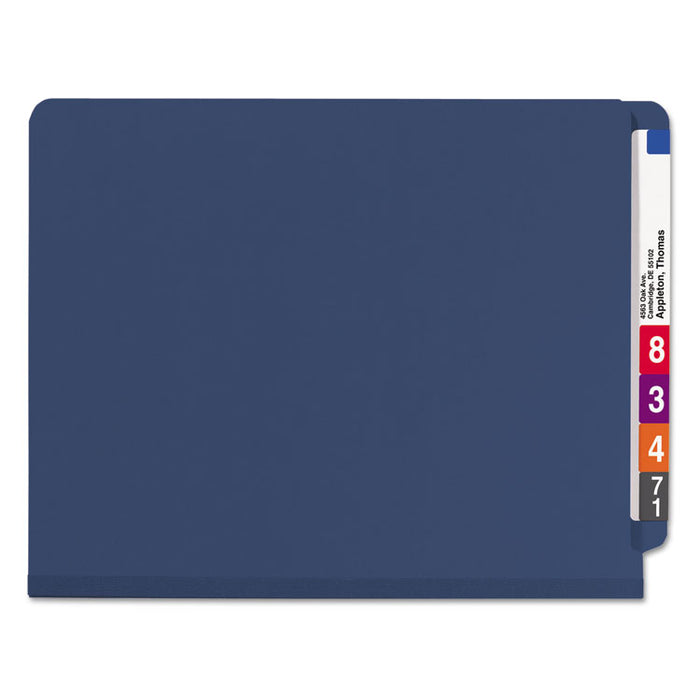 End Tab Pressboard Classification Folders with SafeSHIELD Fasteners, 2 Dividers, Letter Size, Dark Blue, 10/Box