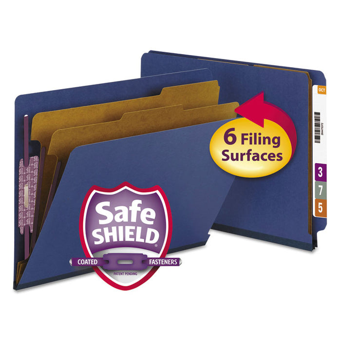 End Tab Pressboard Classification Folders with SafeSHIELD Fasteners, 2 Dividers, Letter Size, Dark Blue, 10/Box