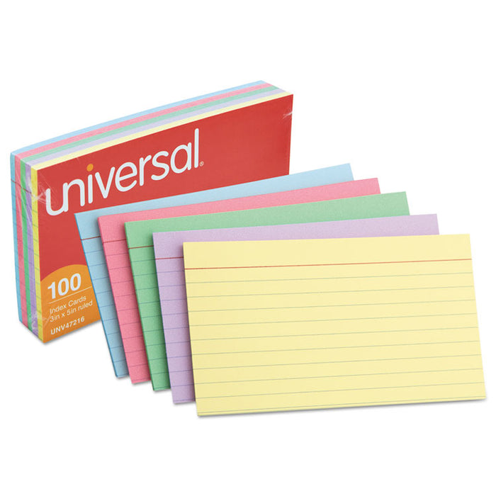 Index Cards, Ruled, 3 x 5, Assorted, 100/Pack