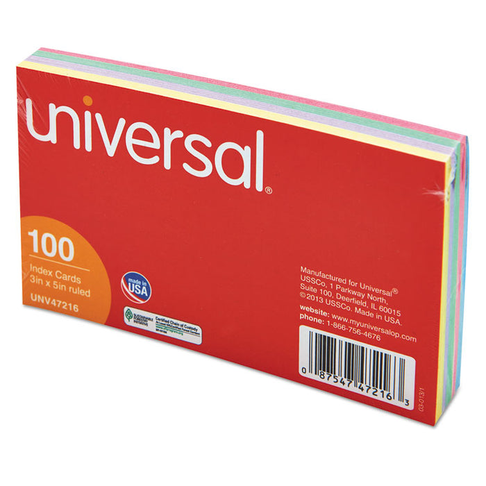 Index Cards, Ruled, 3 x 5, Assorted, 100/Pack