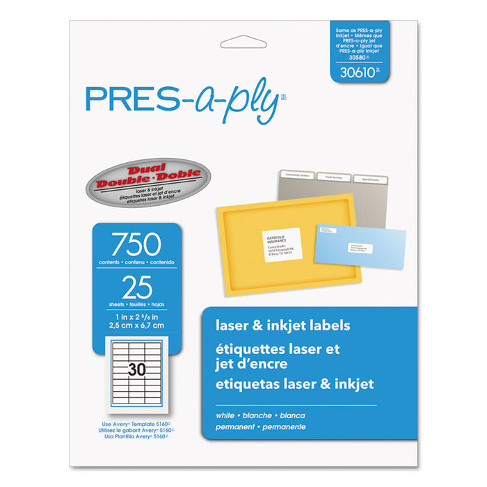 Labels, Laser Printers, 1 x 2.63, White, 30/Sheet, 25 Sheets/Pack