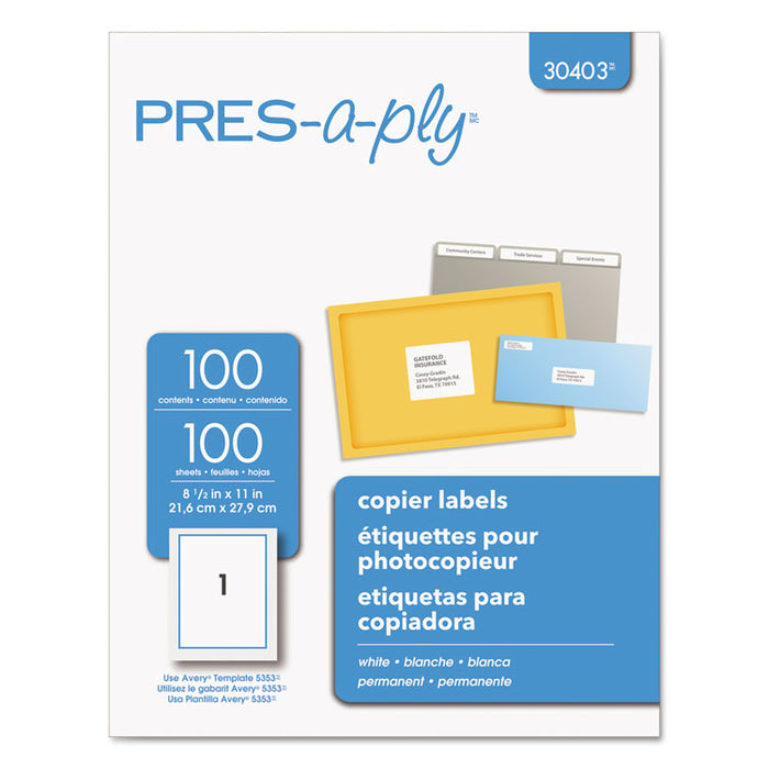 White Copier Labels, Copiers, 8.5 x 11, White, 100/Box