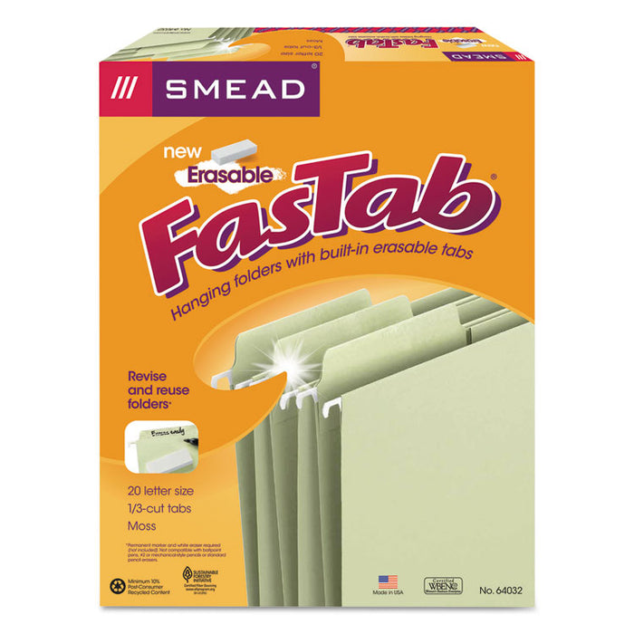Erasable FasTab Hanging Folders, Letter Size, 1/3-Cut Tabs, Moss, 20/Box
