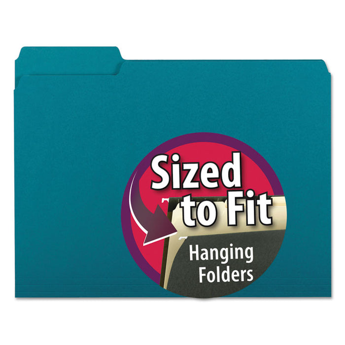 Interior File Folders, 1/3-Cut Tabs: Assorted, Letter Size, 0.75" Expansion, Teal, 100/Box