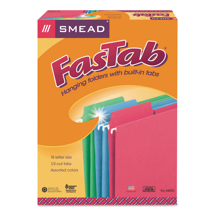 FasTab Hanging Folders, Letter Size, 1/3-Cut Tabs, Assorted Colors, 18/Box