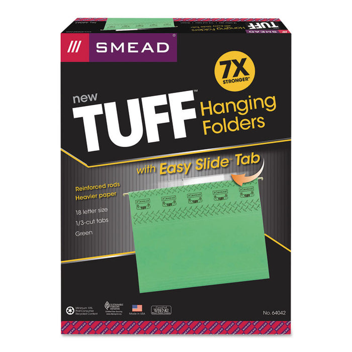 TUFF Hanging Folders with Easy Slide Tab, Letter Size, 1/3-Cut Tabs, Green, 18/Box
