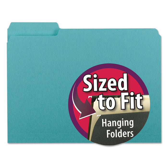 Interior File Folders, 1/3-Cut Tabs, Letter Size, Aqua, 100/Box