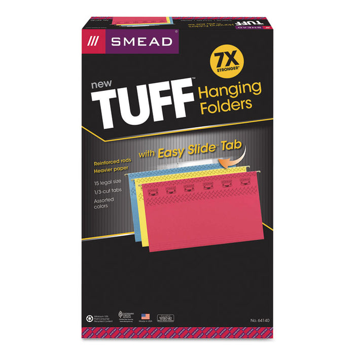 TUFF Hanging Folders with Easy Slide Tab, Legal Size, 1/3-Cut Tab, Assorted, 15/Box