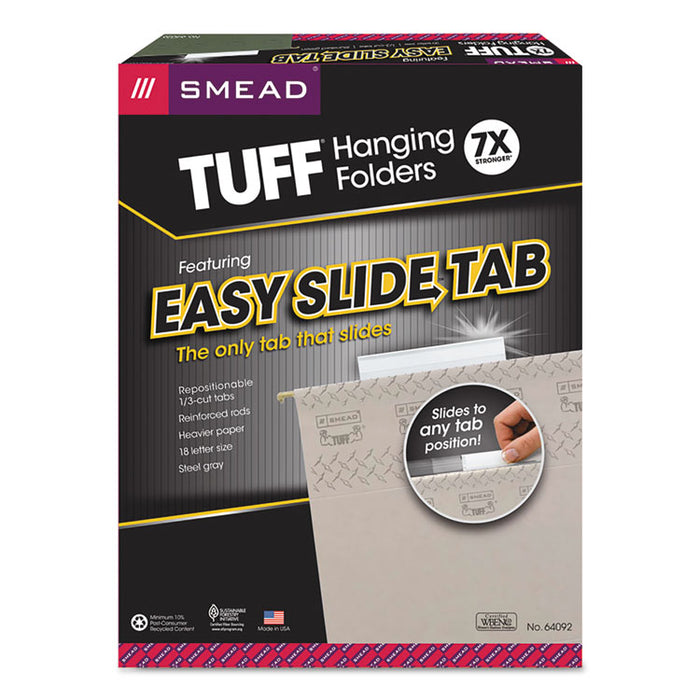 TUFF Hanging Folders with Easy Slide Tab, Letter Size, 1/3-Cut Tabs, Steel Gray, 18/Box