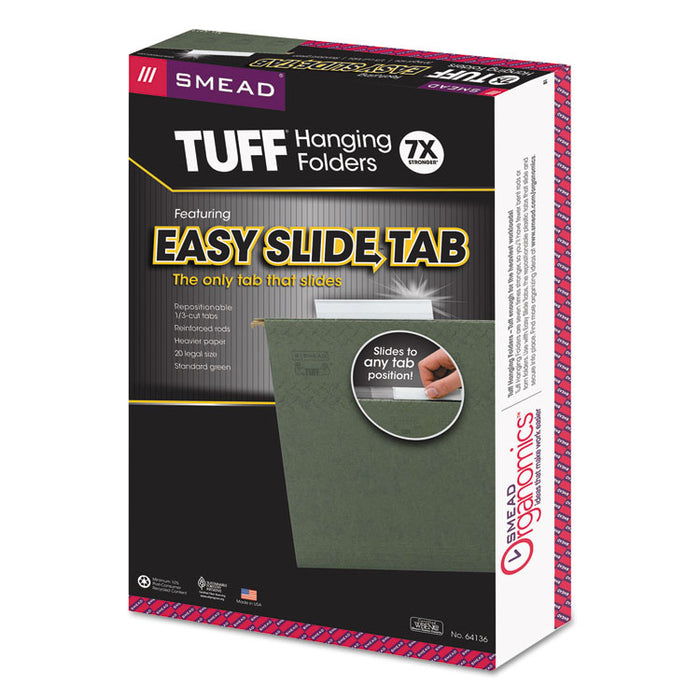 TUFF Hanging Folders with Easy Slide Tab, Legal Size, 1/3-Cut Tabs, Standard Green, 20/Box