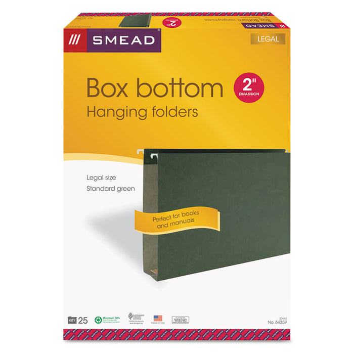 Box Bottom Hanging File Folders, 2" Capacity, Legal Size, Standard Green, 25/Box