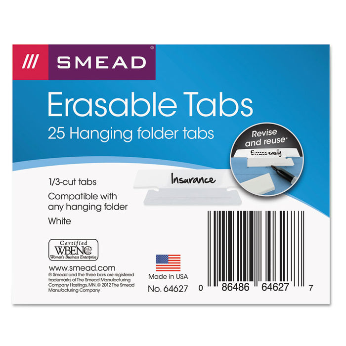 Erasable Hanging Folder Tabs, 1/3-Cut Tabs, White, 3.5" Wide, 25/Pack
