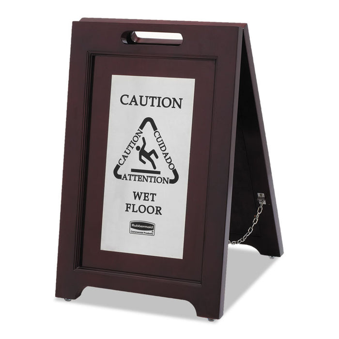 Executive 2-Sided Multi-Lingual Caution Sign, Brown/Stainless Steel,15 x 23 1/2