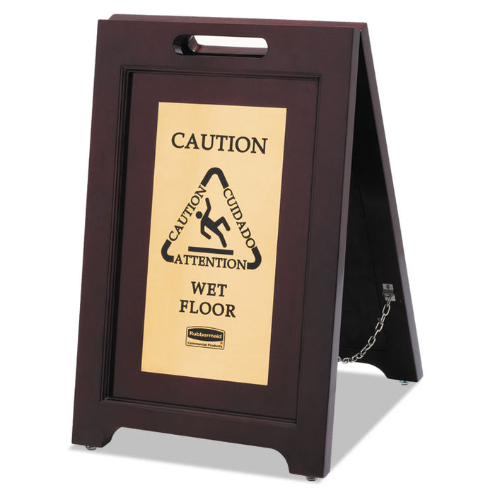 Executive 2-Sided Multi-Lingual Caution Sign, Brown/Brass, 15 x 23 1/2