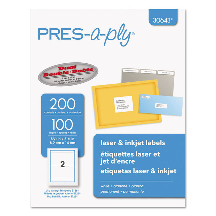 Labels, Inkjet/Laser Printers, 5.5 x 8.5, White, 2/Sheet, 100 Sheets/Pack