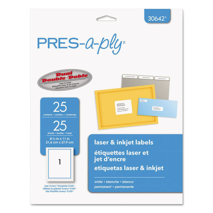 Labels, Inkjet/Laser Printers, 8.5 x 11, White, 25/Pack