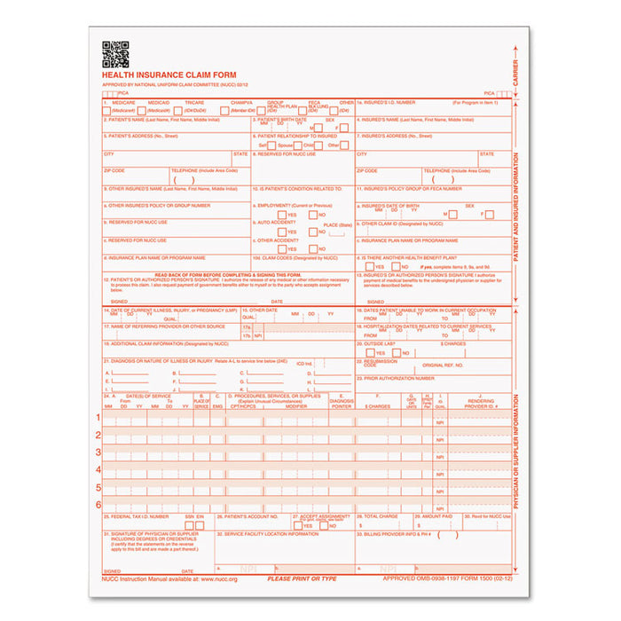 Centers for Medicare and Medicaid Services Claim Forms, CMS1500/HCFA1500, 8.5 x 11, 1/Page, 250 Forms/Pack