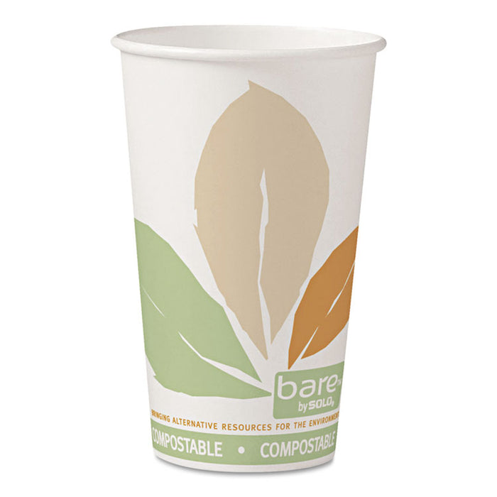 Bare by Solo Eco-Forward PLA Paper Hot Cups, 16 oz, Leaf Design, White/Green/Orange, 1,000/Carton