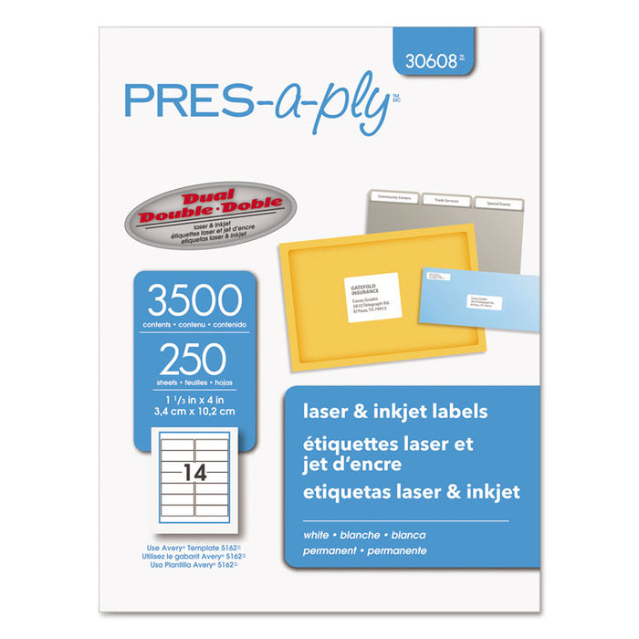 Labels, Inkjet/Laser Printers, 1.33 x 4, White, 14/Sheet, 250 Sheets/Box