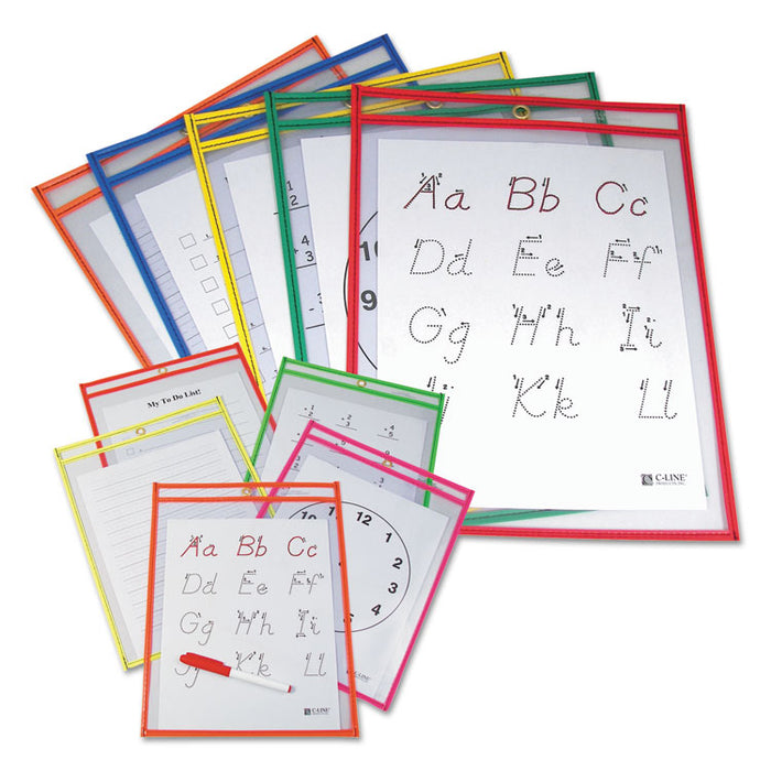 Reusable Dry Erase Pockets, 9 x 12, Assorted Primary Colors, 10/Pack