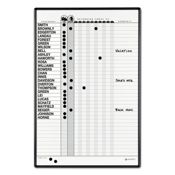 Magnetic Employee In/Out Board, Porcelain, 24 x 36, Gray/Black Aluminum Frame