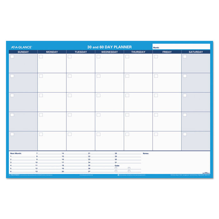 30/60-Day Undated Horizontal Erasable Wall Planner, 36 x 24, White/Blue Sheets, Undated