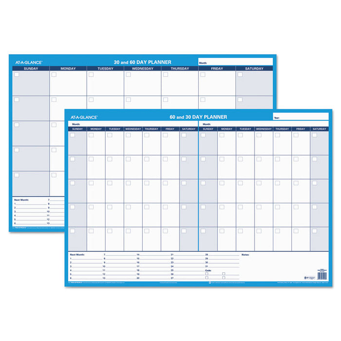 30/60-Day Undated Horizontal Erasable Wall Planner, 36 x 24, White/Blue Sheets, Undated