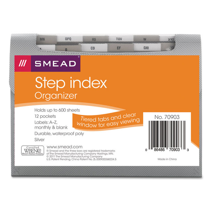Step Index Organizer, 12 Sections, Cord/Hook Closure, 1/6-Cut Tabs, Letter Size, Silver