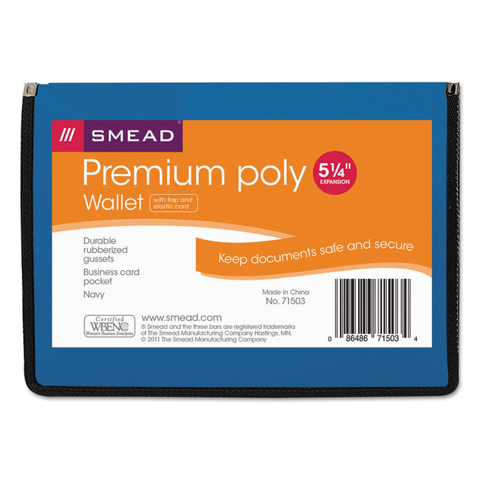 Poly Premium Wallets, 5.25" Expansion, 1 Section, Elastic Cord Closure, Letter Size, Navy Blue