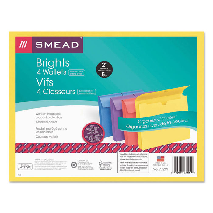 Expanding Wallet with Antimicrobial Protection, 2" Expansion, 1 Section, Elastic Cord, Letter Size, Assorted Colors, 4/Pack