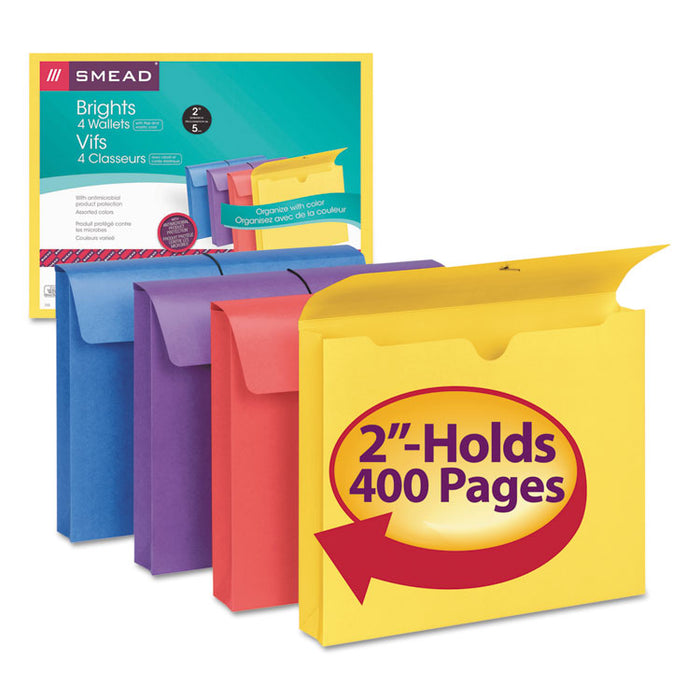 Expanding Wallet with Antimicrobial Protection, 2" Expansion, 1 Section, Elastic Cord, Letter Size, Assorted Colors, 4/Pack