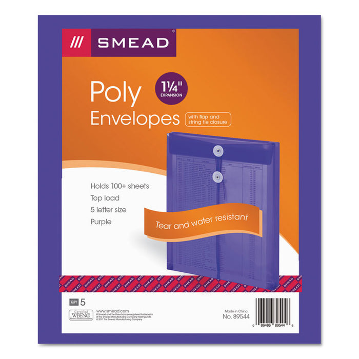 Poly String and Button Interoffice Envelopes, Open-End (Vertical), 9.75 x 11.63, Transparent Purple, 5/Pack
