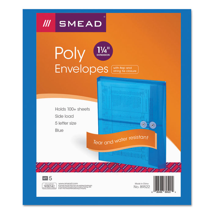 Poly String and Button Interoffice Envelopes, Open-Side (Horizontal), 9.75 x 11.63, Transparent Blue, 5/Pack