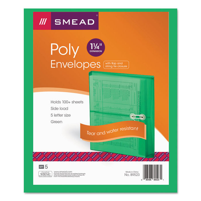 Poly String & Button Interoffice Envelopes, String & Button Closure, 9.75 x 11.63, Transparent Green, 5/Pack