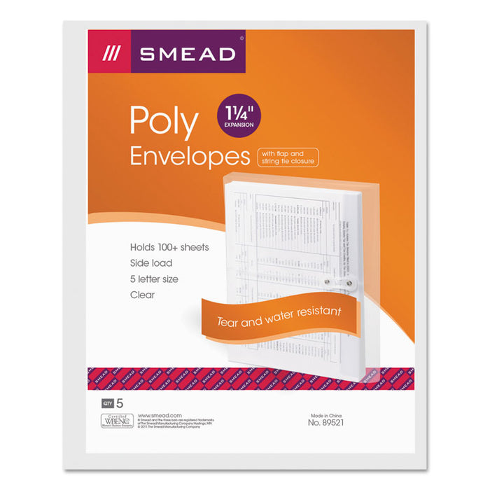 Poly String & Button Interoffice Envelopes, String & Button Closure, 9.75 x 11.63, Clear, 5/Pack