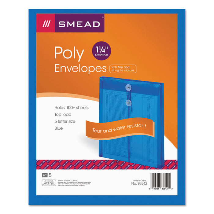 Poly String and Button Interoffice Envelopes, Open-End (Vertical), 9.75 x 11.63, Transparent Blue, 5/Pack