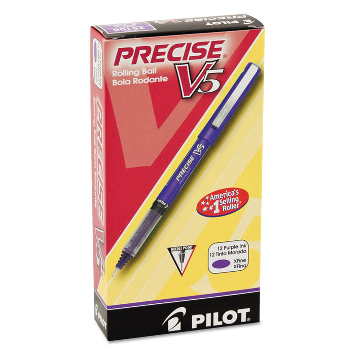 Precise V5 Roller Ball Pen, Stick, Extra-Fine 0.5 mm, Purple Ink, Purple Barrel, Dozen