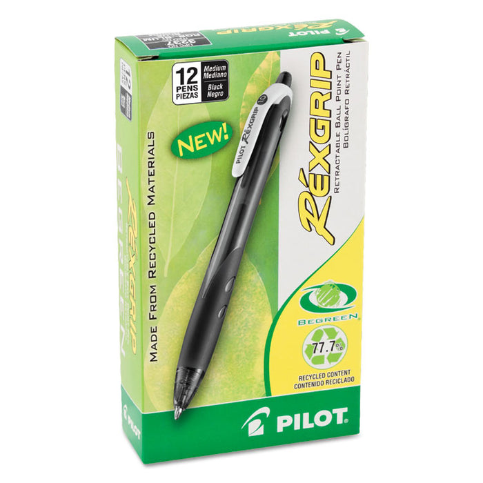 RexGrip BeGreen Ballpoint Pen, Retractable, Medium 1 mm, Black Ink, Black Barrel, Dozen