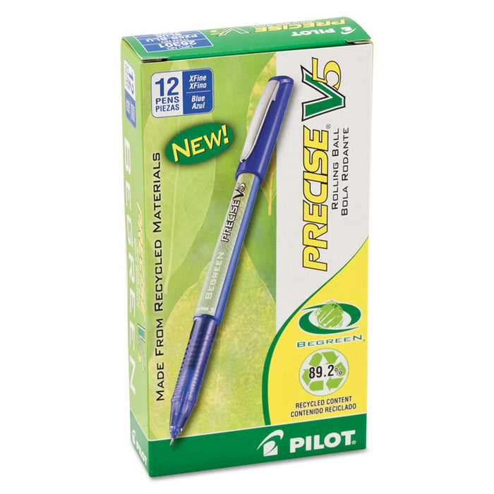Precise V5 BeGreen Roller Ball Pen, Stick, Extra-Fine 0.5 mm, Blue Ink, Blue Barrel, Dozen