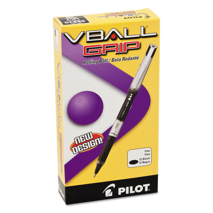 VBall Grip Liquid Ink Roller Ball Pen, Stick, Fine 0.7 mm, Black Ink, Black/Silver Barrel, Dozen
