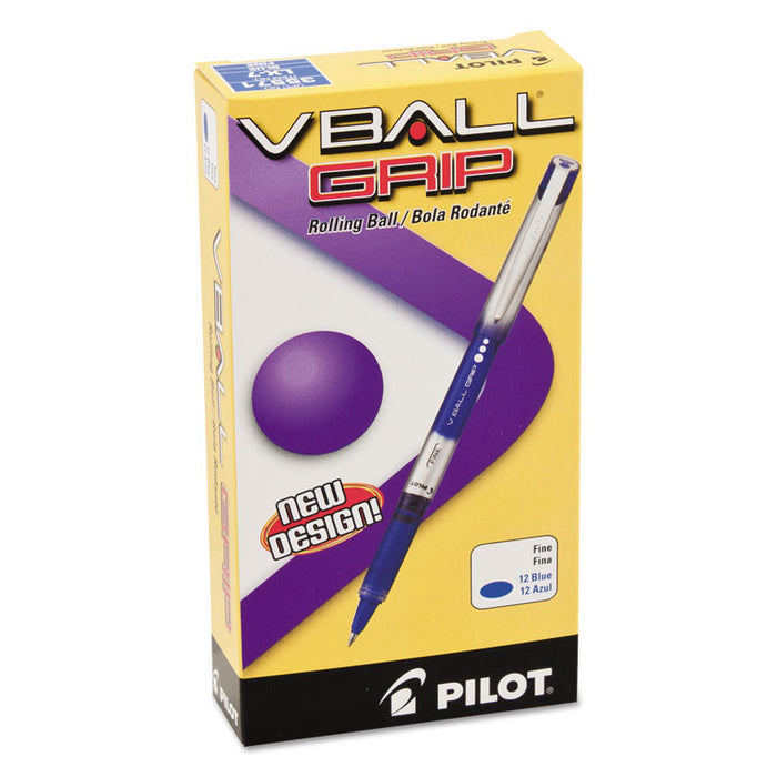 VBall Grip Liquid Ink Roller Ball Pen, Stick, Fine 0.7 mm, Blue Ink, Blue/Silver Barrel, Dozen